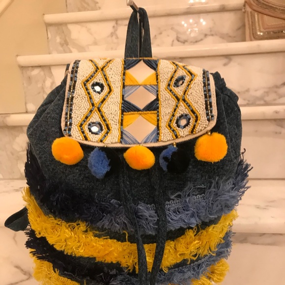 Freesia denim pompom & fringed backpack - Picture 2 of 5